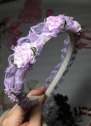 Вінок віночок обруч обідок з квітами трояндами з мереживом прикраса для волосся дитячий для дівчинки дівчаток фіолетовий лавандовий3 фото