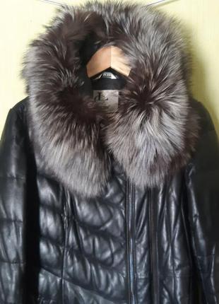 Зимнее кожаное пальто  пуховик с чернобуркой. размер наш 46-48.