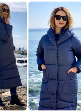 Зимове пальто силікон 300 дуже тепле зимова куртка довга плащівка зимнее пальто плащевка синій синий10 фото