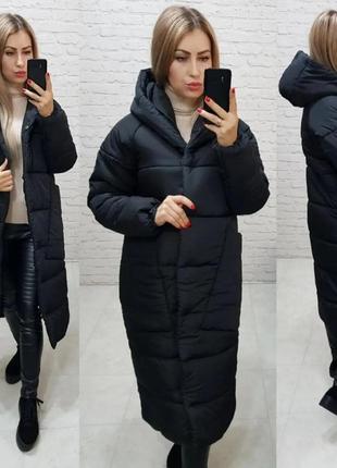 Зимове пальто силікон 300 дуже тепле зимова куртка довга плащівка зимнее пальто плащевка черный9 фото