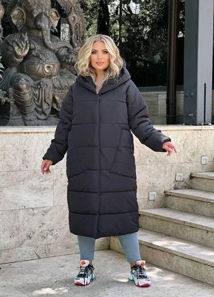 Зимове пальто силікон 300 дуже тепле зимова куртка довга плащівка зимнее пальто плащевка черный1 фото