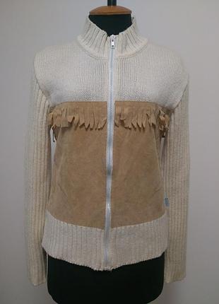 Тёплый кардиган из комбинированных тканей - плотный трикотаж[шерсть/акрил] и мягкая бархатистая ткань под замш,с бахромой,fam's club,р.s-m.