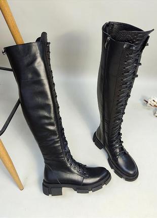 Чорні дизайнерські ботфорти натуральна шкіра замш зима на хутрі демісезон