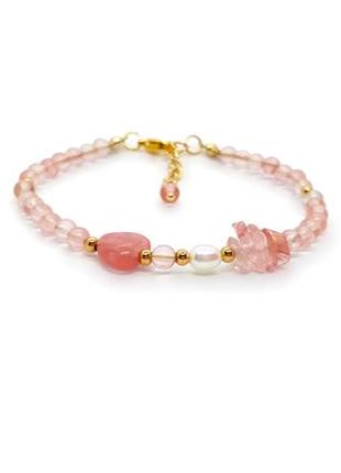 💗🌸 браслет з намистинкою "серце" натуральний камінь халцедон і перл