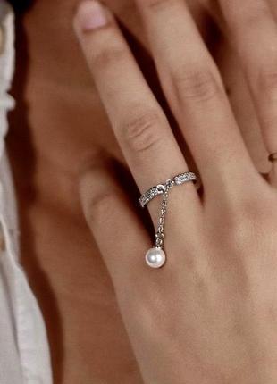 Кольцо с жемчужиной, серебряная кольца цепочка покрытия серебро, кольца с подвеской, кольцо циркон