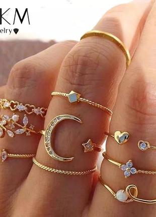 Набор колец модние стильные трендовые золотистие кольца колечка в стиле бохо кольцо с луной жемчугом