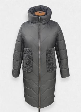 Зимнее женское пальто с меховыми карманами sk-34, асфальт