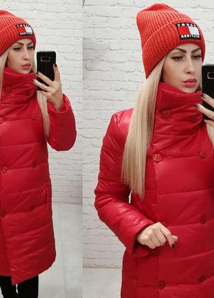 Зимова жіноча куртка подовжена червона силікон 300 до колін ворот стойка зимняя женская красная