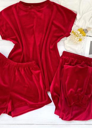 Велюровая плюшевая пижама тройка футболка + шорты + штаны красная