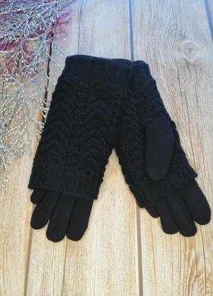 ❤️ рукавички чорні зі зйомними мітенками, трикотаж на флісі осінь, зима 🎉1 фото