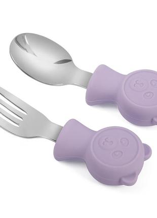 Приборы металлические детские ложка и вилка с силиконовыми ручками панда фиолетовые prm-y02