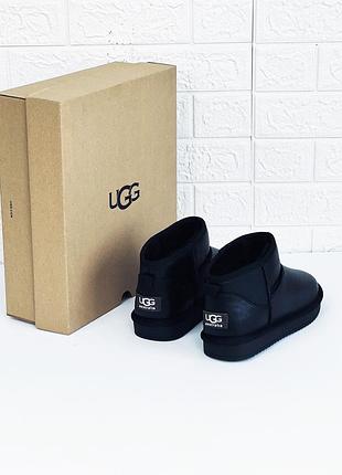 Шкіряні ultra mini ugg leather black унисекс чёрные кожаные мини угги
