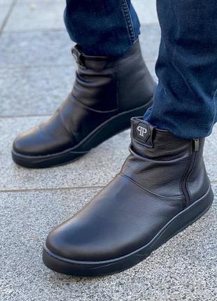Шкіряні зимові чорні черевики philipp plein2 фото