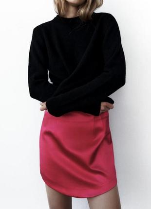 Яркая шелковая атласная розовая юбка zara4 фото
