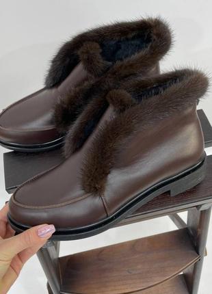 Шоколадные хайтопы ботинки опушка норка натуральная кожа замш зима деми1 фото