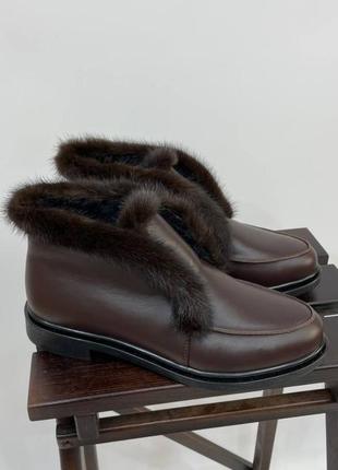 Шоколадные хайтопы ботинки опушка норка натуральная кожа замш зима деми2 фото