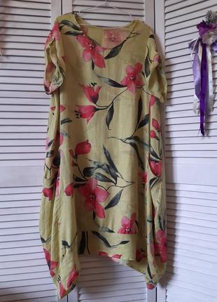 Оверсайз, свободное платье из льна в цветочный принт, в бохо, этно стиле италия2 фото