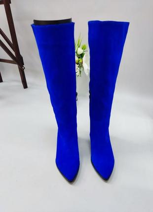 Яскраво сині чоботи на зручному підборі натуральний замш шкіра зима демісезон2 фото
