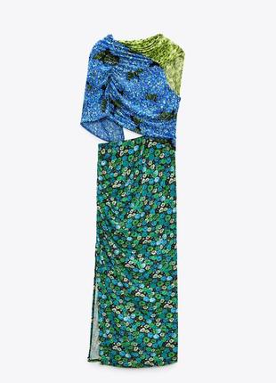 Асиметрична сукня в квітковий принт зара з розрізом на талії нозі відкрита спина ассиметрическое платье в цветочный с розрезом сарафан міді миди2 фото