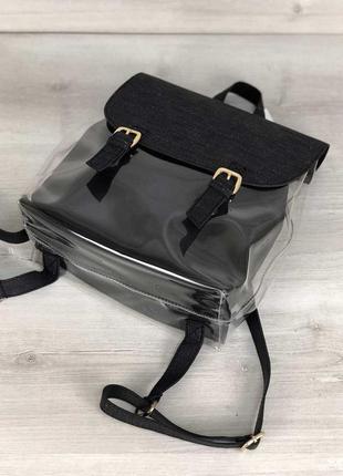 Молодежный силиконовый рюкзак с косметичкой черный блеск3 фото