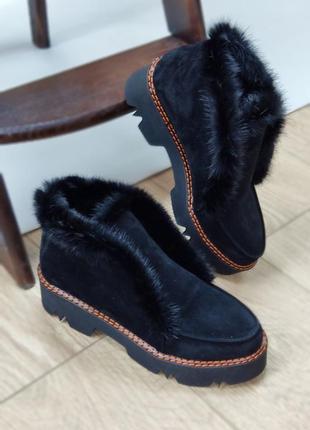 Замшеві чорні черевики хайтопи norka 🐀 натуральна замша шкіра хутро норка зима осінь