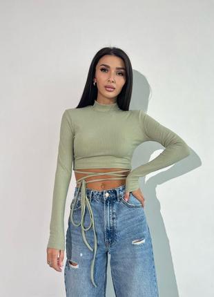 Топ на завязках с длинными рукавами повседневный рубчик1 фото