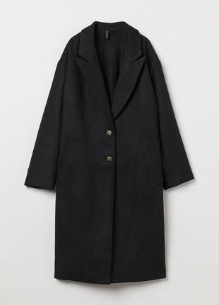 Широкое пальто h&m черное прямое из мягкой ткани с добавлением шерсти оверсайз острые лацканы тренд.