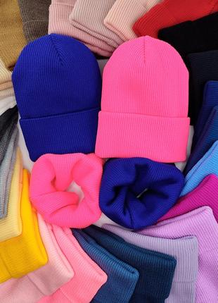 Тепла демі шапка і хомут, демісезона шапка біні, шапка лопата, шапка в рубчик тепла рожева, фіолет,фуксія, беж, сіра, жовта