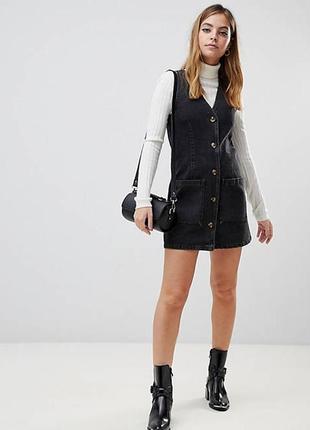 Asos асос сукня платье сарафан чорне пряме трапеція з кишенями на гудзиках джинс джинсове