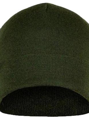 Двойная зеленая вязаная шапка с отворотом (утепленная)3 фото
