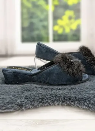 Тапочки домашние женские inblu на танкетке с открытым носком и пушком серые