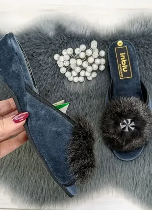 Тапочки домашние женские inblu на танкетке с открытым носком и пушком серые