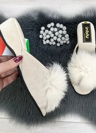 Тапочки домашние женские inblu на танкетке с открытым носком и пушком бежевые