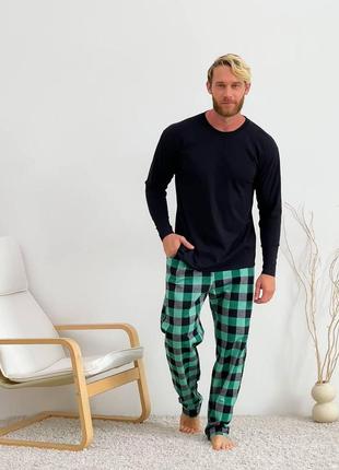 Теплая зимняя фланелевая мужская пижама двойка брюки и лонгслив одежда для дома цвет черно-зеленый