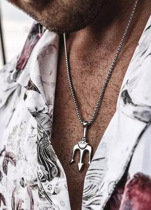 Мужская металлическая серебряная подвеска, цепочка на шею, кулон из нержавеющей стали (316l) трезуб1 фото