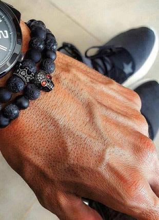 Мужские браслеты из натуральных камней, каменные браслеты crown&skull (комплект) черные4 фото