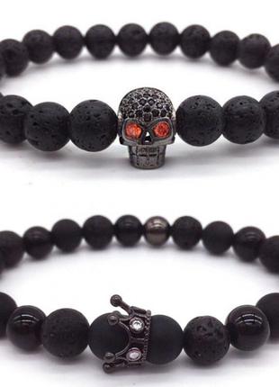 Мужские браслеты из натуральных камней, каменные браслеты crown&skull (комплект) черные2 фото