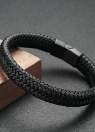 Мужской кожаный классический браслет, черный3 фото