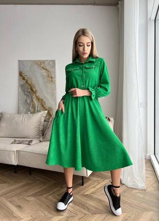 Жіноча сукня міді вельветова зелена бежева синя хакі цегляна теракотова на резинці3 фото