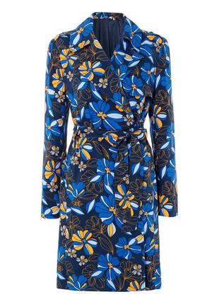 Тренч плащ синий оригинальный цветочнный под поясок tu