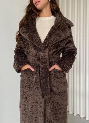 Зимове пальто в стилі шубки каракуль на кнопках та с поясом тепле м'яке7 фото