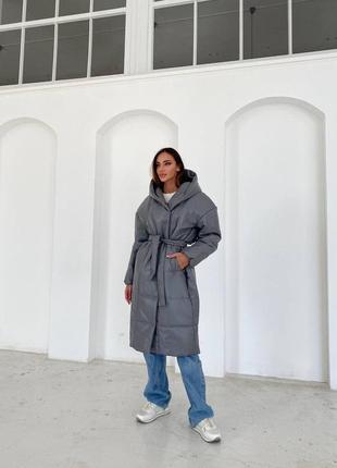Крута подовжена жіноча куртка пальто з екошкіри об'ємна тепла1 фото