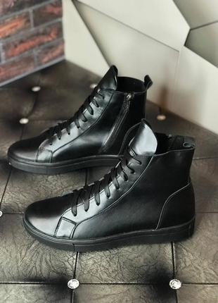 Мужские чёрные високие кожаные ботинки чоловічі високі шкіряні чорні черевики