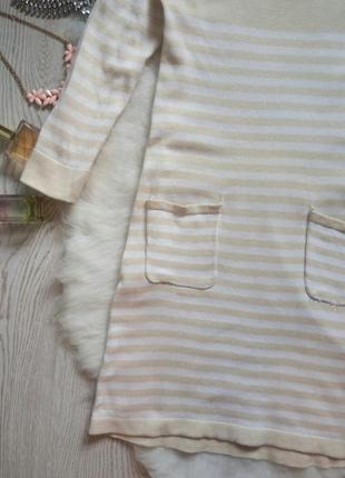 Теплая вязаная бежевая туника платье в белую полоску с карманами с рукавом кофта2 фото