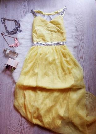 Желтое вечернее платье в пол серебристыми пайетка открытой спиной шифон длинное блестящее
