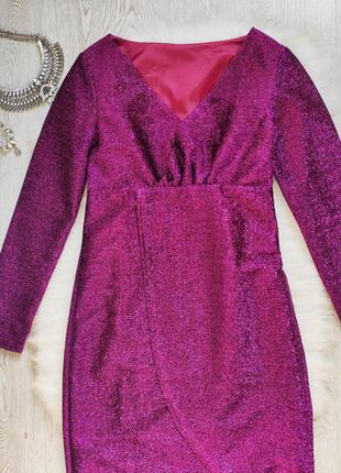 Розовое фиолетовое блестящее асимметричное платье миди мини на запах вырез декольте вечернее5 фото