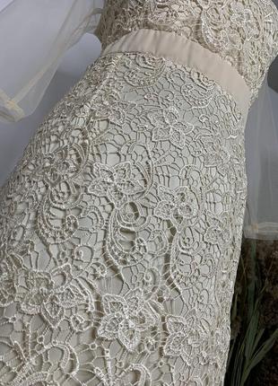 Сукня футляр з рукавами сіточкою з мереживом бежева айворі4 фото