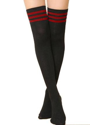 Гольфы женские с красными полосками выше колена черные чулки в стиле аниме панк гранж заколенки2 фото