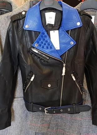 Трендовая курточка косуха,кожанка с синим воротником6 фото