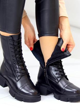 Круті шкіряні чорні жіночі зимові черевики берці натуральна шкіра